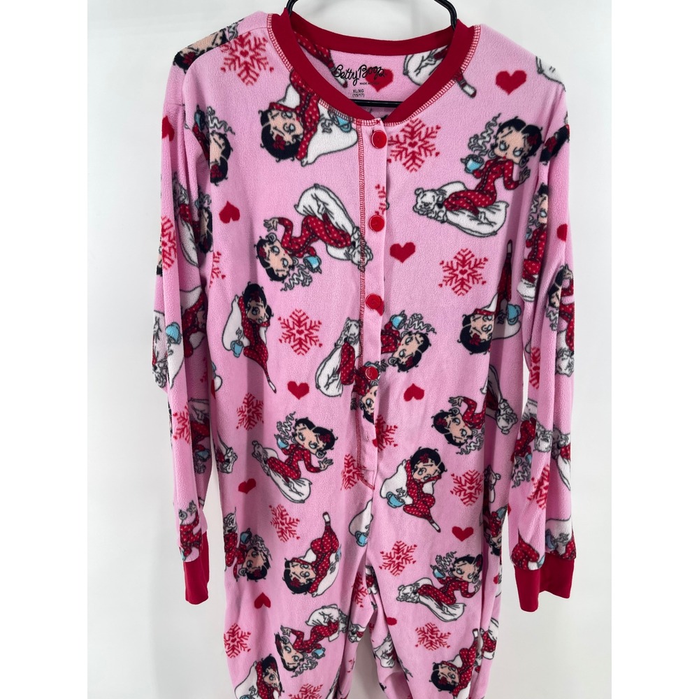 Betty Boop Pajama Union Suit Women XL Pink Red Fleece Heart Snowflake Excellent